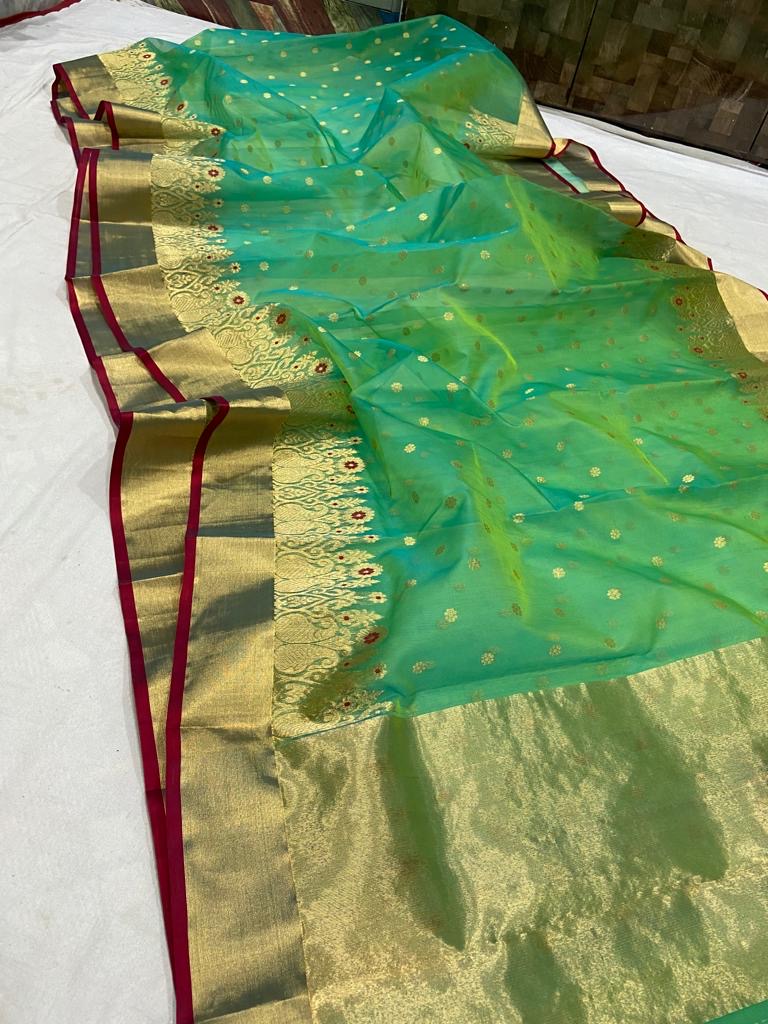 Green Chanderi katan silk sarees - Saffronfashionindia
