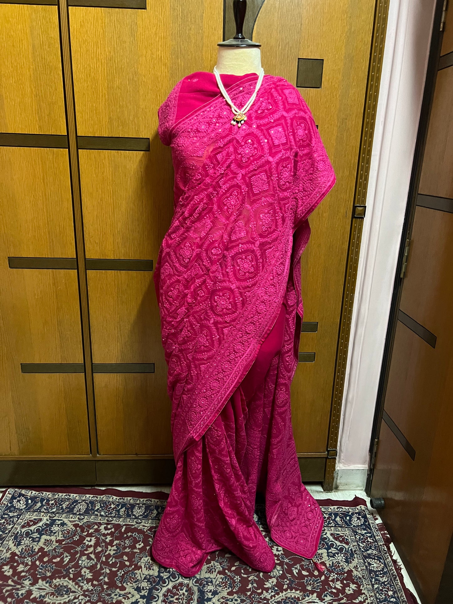 Hot Pink Chikankari Saree Eomen Gorgette Sarees - Saffronfashionindia