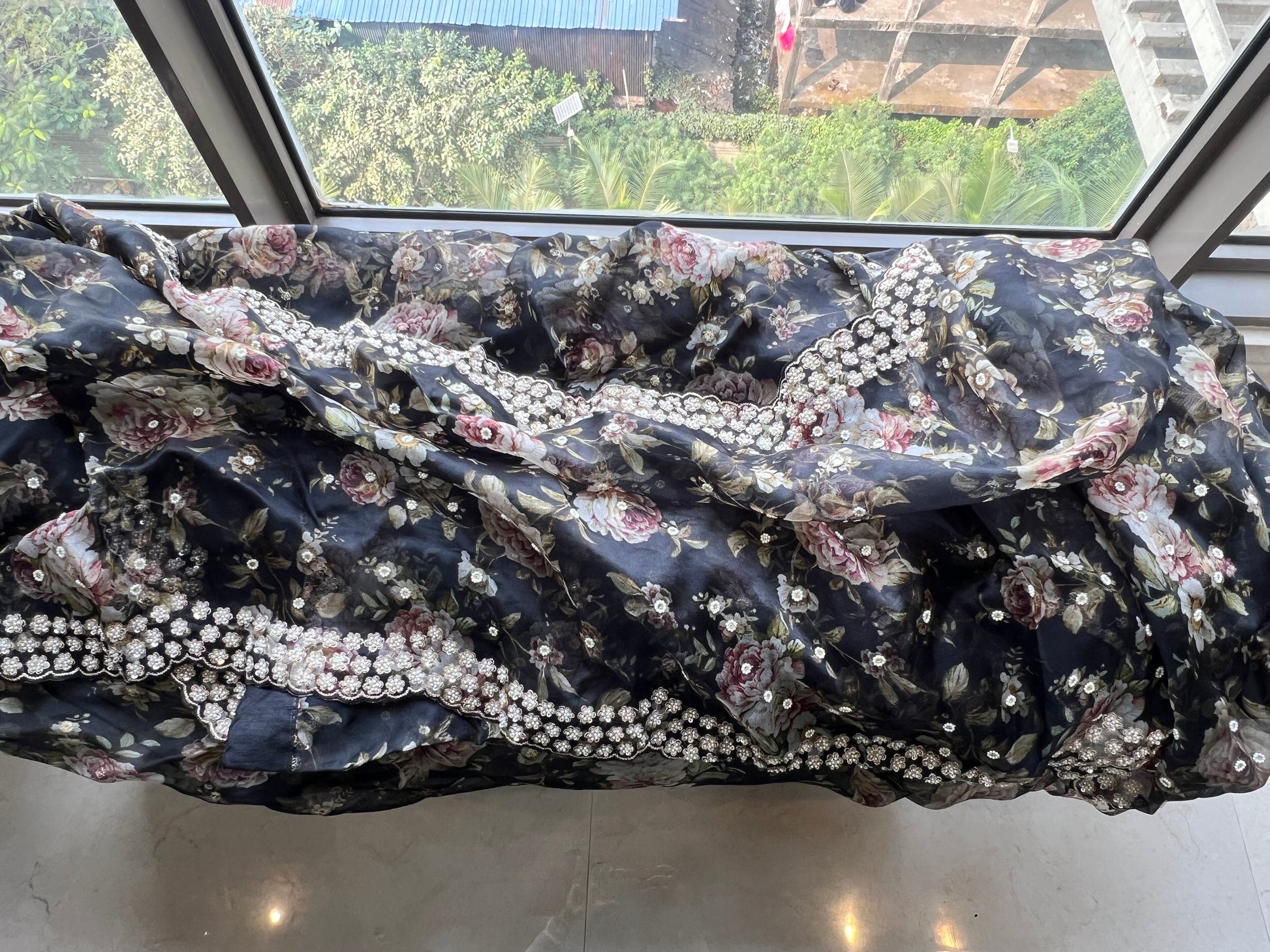 Black floral saree Organza saree Indian sari blouse - Saffronfashionindia