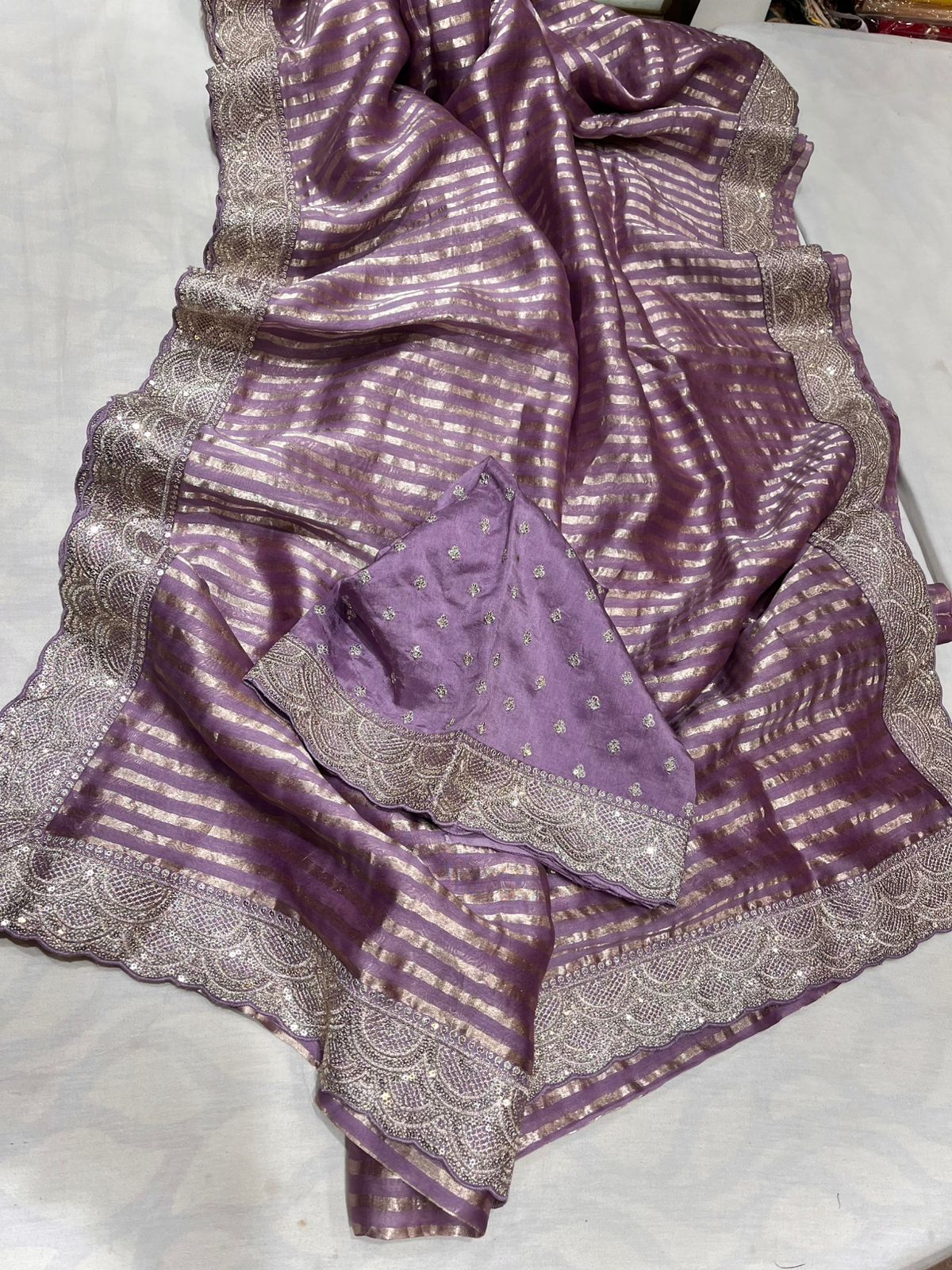 Chanderi Silk saree striped party wear women sarees blouse SaffronFashion