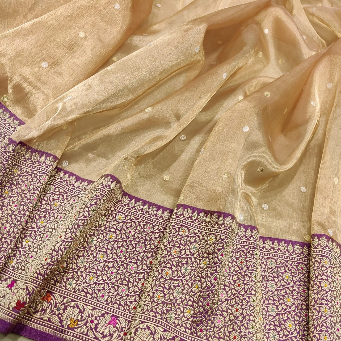 Mahiva Tissue silk saree handwoven saree Zari booties sari blouse SaffronFashion