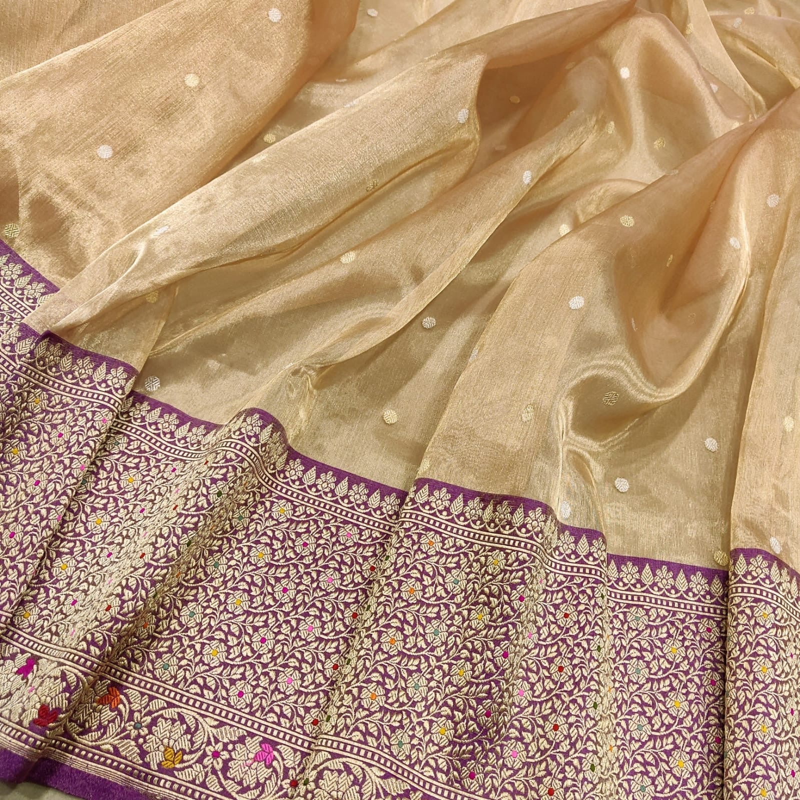 Mahiva Tissue silk saree handwoven saree Zari booties sari blouse SaffronFashion