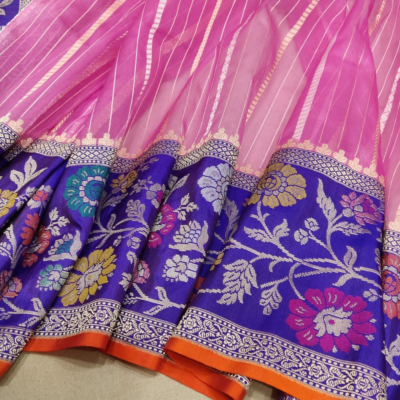 Pink handwoven kora silk saree Zari striped sarees - Saffronfashionindia