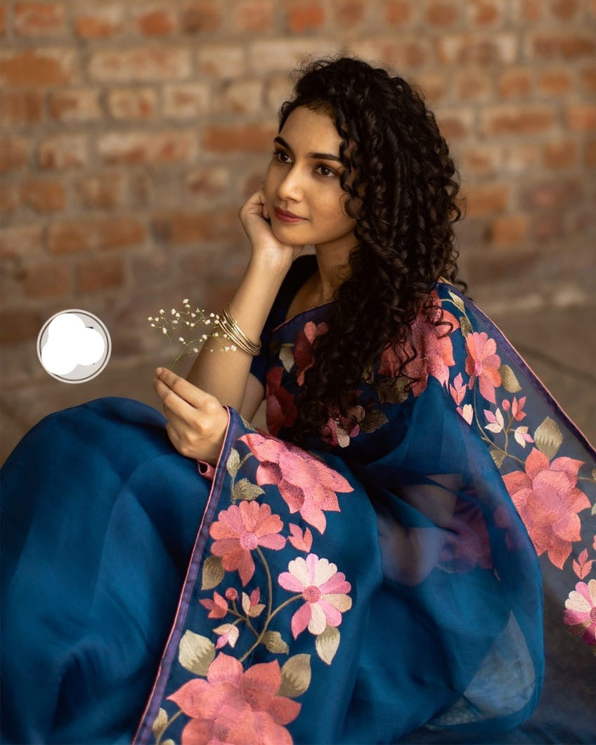 Parsi inspired floral bordered organza saree Indian Partywear sarees - Saffronfashionindia