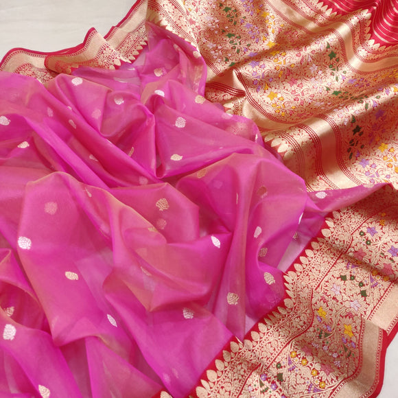 Pink beautiful kora handwoven sarees