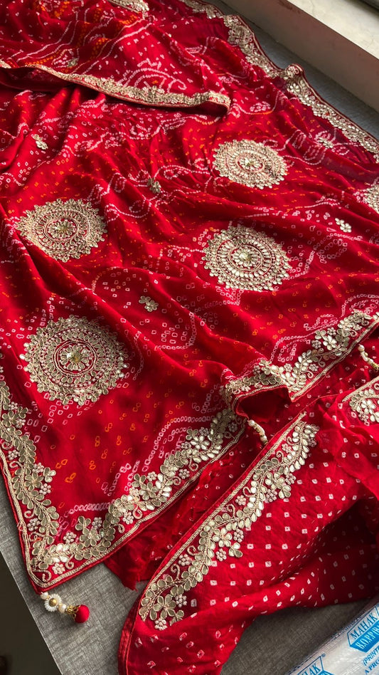 Red satin saree gottapatti Bandhej zardosi sarees bridal sari - Saffronfashionindia