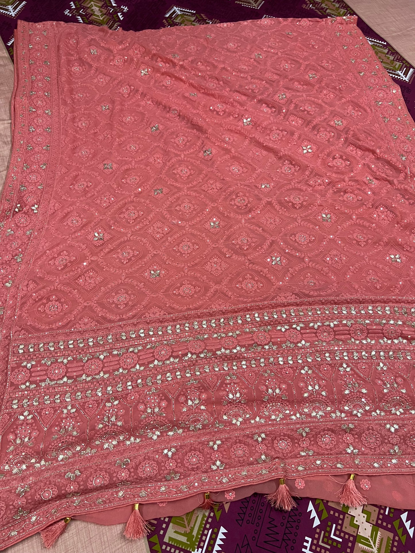 Peach Chikankari saree gorgette saree Indian saree women sari blouse - Saffronfashionindia