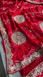 Red satin saree gottapatti Bandhej zardosi sarees bridal sari