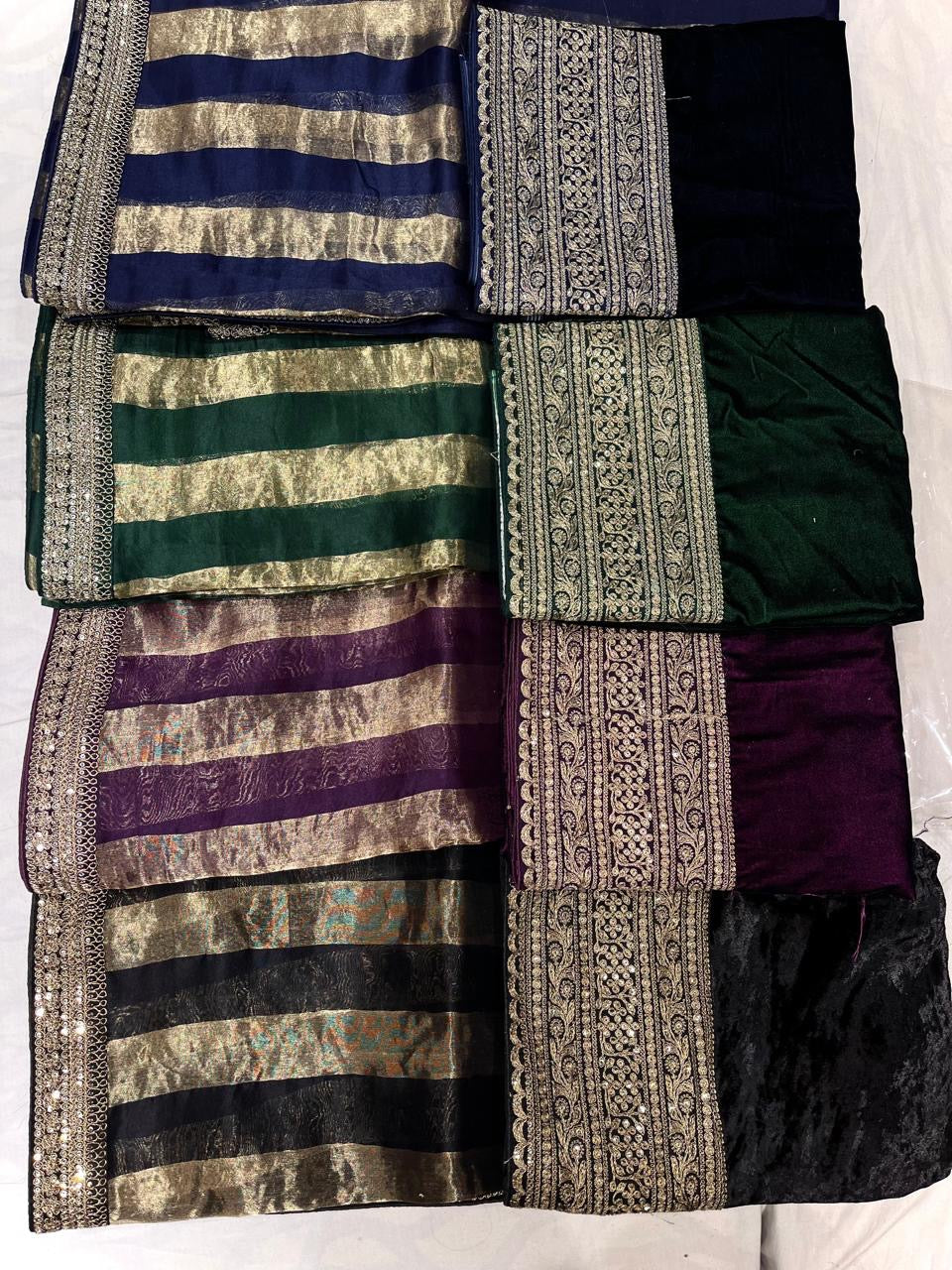 Striped Organza saree velvet blouse stylish saree women girlish sari - Saffronfashionindia