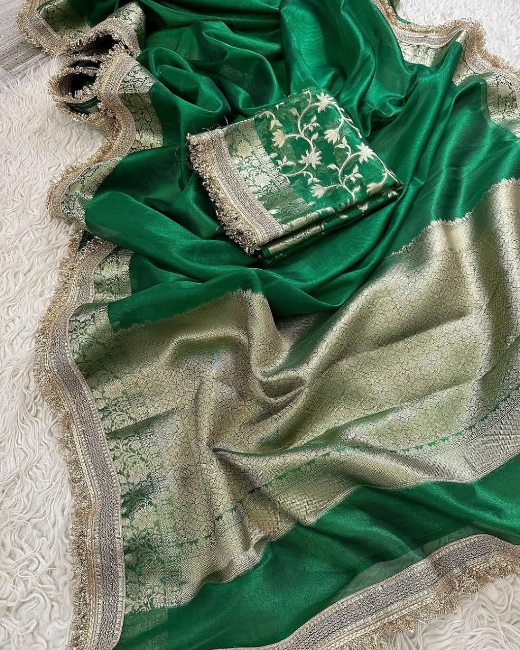 Green sari Banarsi soft tissue saree beautiful sari blouse SaffronFashion