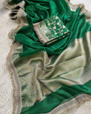 Green sari Banarsi soft tissue saree beautiful sari blouse SaffronFashion