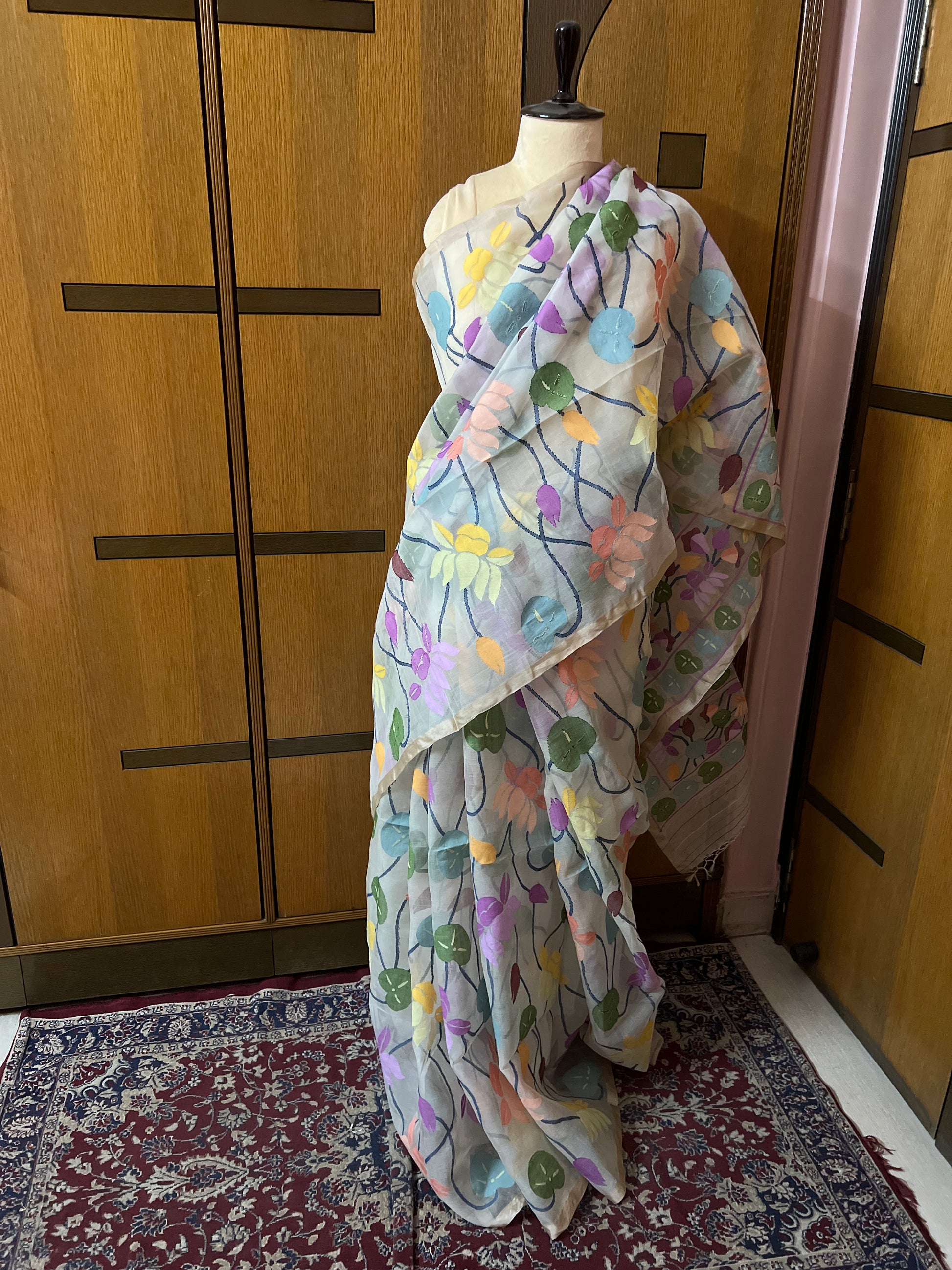 Floral Tantuj Jamdani Saree Bengal Traditional Indian Sari - Saffronfashionindia