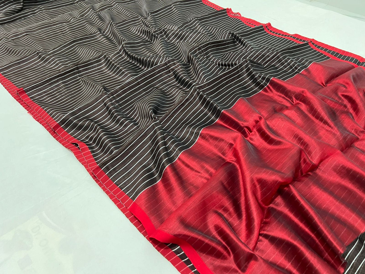 Striped Black red Chanderi saree beautiful sari - Saffronfashionindia