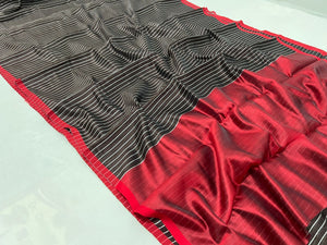 Striped Black red Chanderi saree beautiful sari