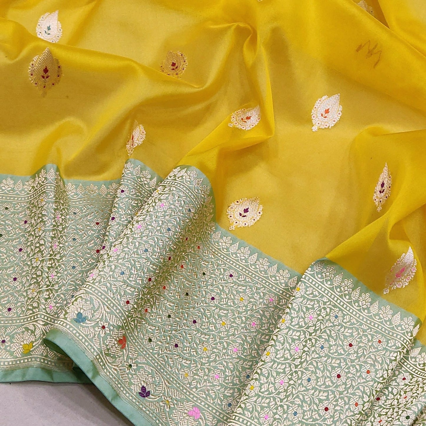 Yellow kora kadwa Zari striped saree handwoven saree blouse - Saffronfashionindia