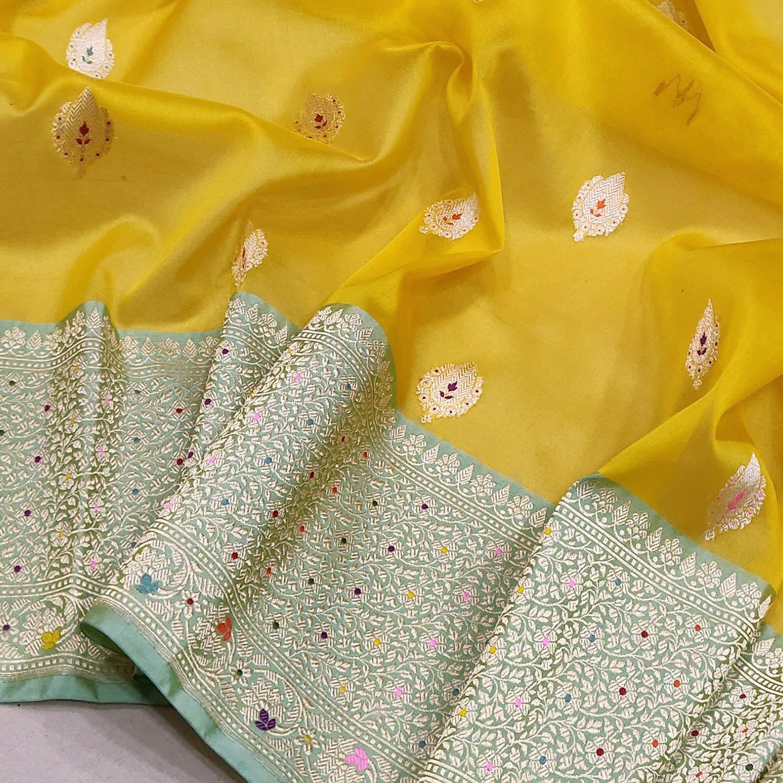 Yellow kora kadwa Zari striped saree handwoven saree blouse - Saffronfashionindia