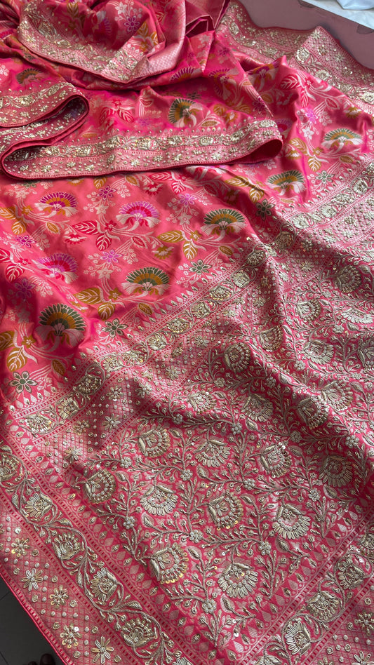 Pink Elegant munga saree Banarsi saree wedding sari blouse SaffronFashion