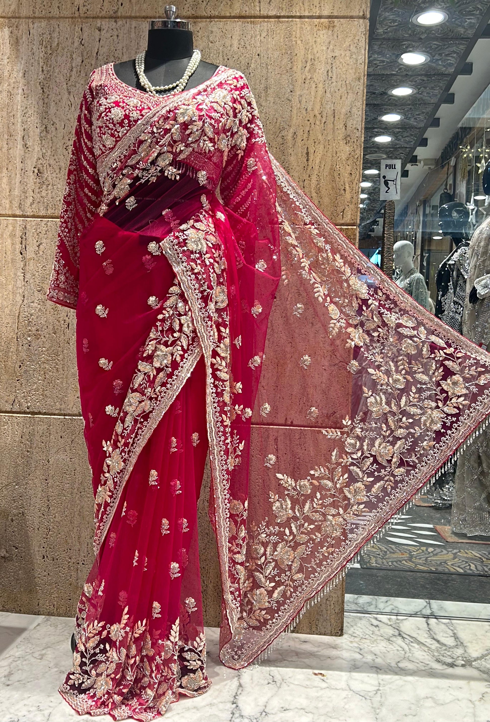 Net designer saree party wear saree’s Indian wedding saree blouse Saffronfashionindia