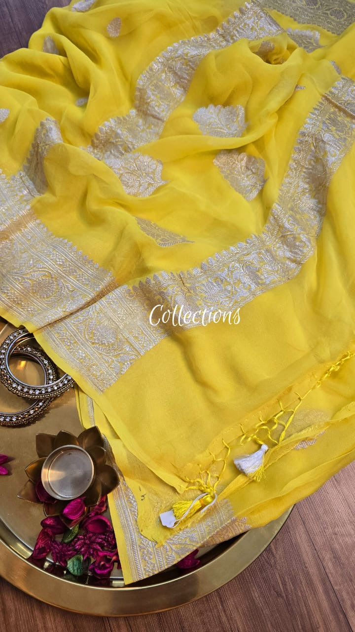 Yellow khaddi chiffon saree Indian saree Beautiful sarees blouse - Saffronfashionindia
