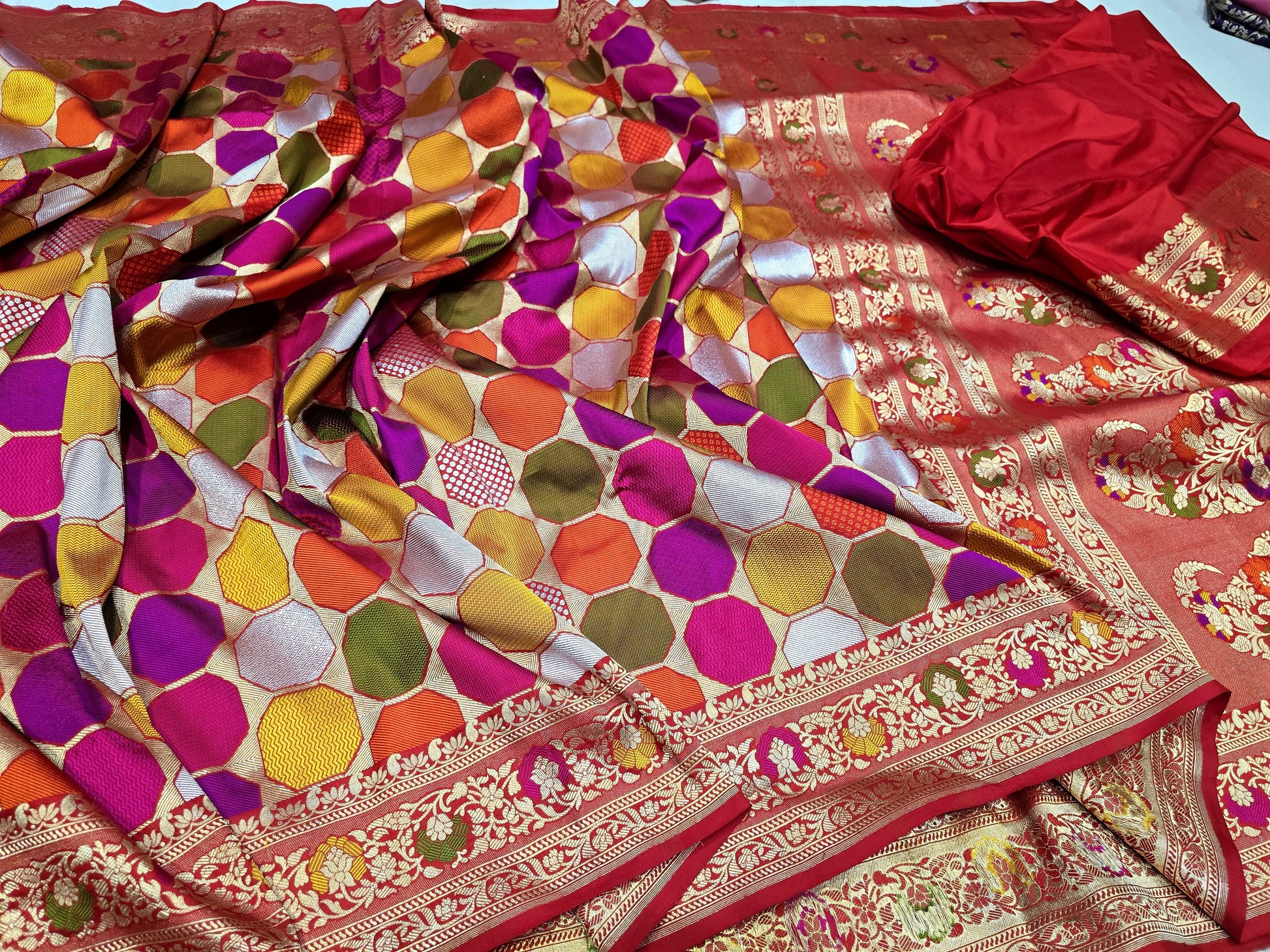 Rangkat inspired Banarsi silk saree katan silk sari blouse - Saffronfashionindia