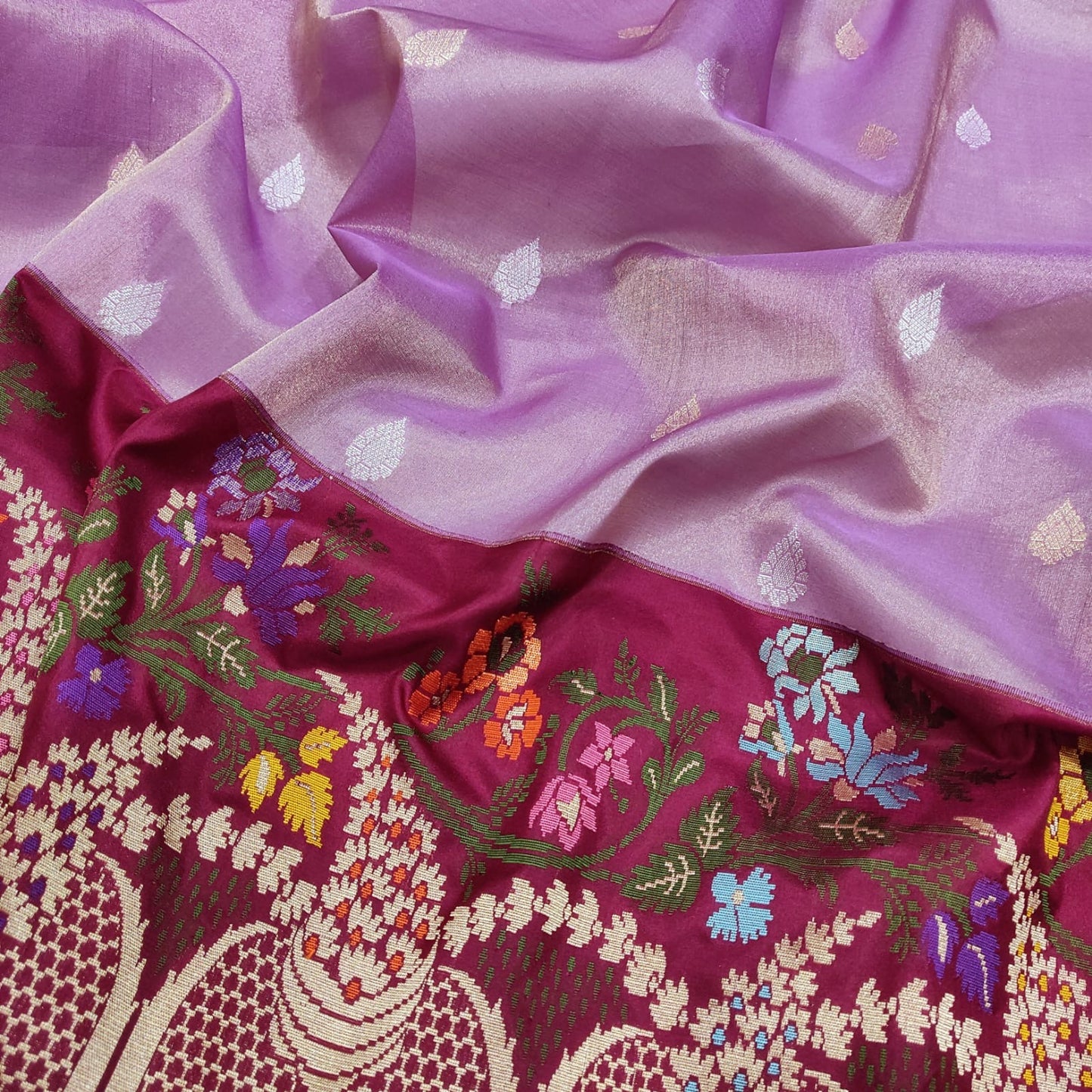 Lavender tissue saree Zari buries handwoven sarees - Saffronfashionindia