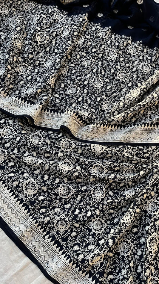 Black White Gorgette saree Indian sarees - Saffronfashionindia