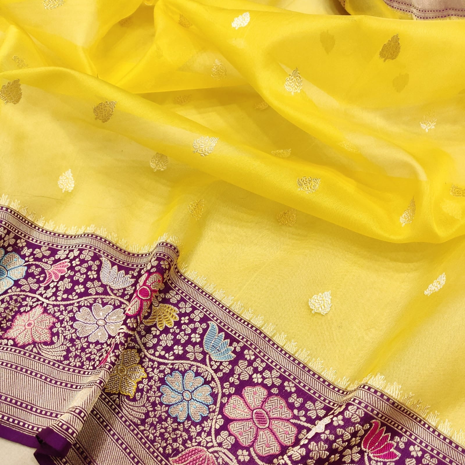 Kivara yellow Meenakari handwoven kora sarees - Saffronfashionindia