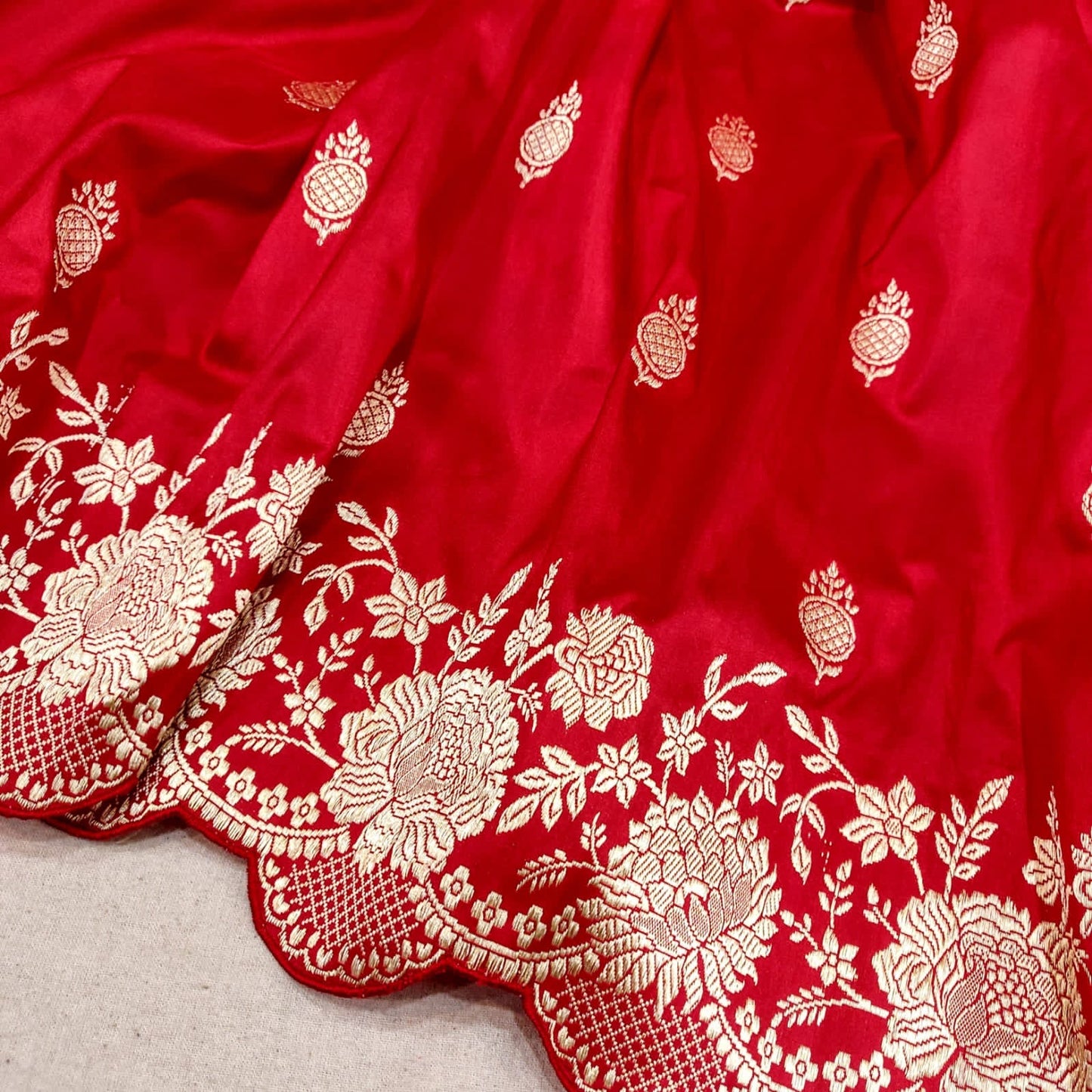 Bridal inspired red Katan saree - Saffronfashionindia