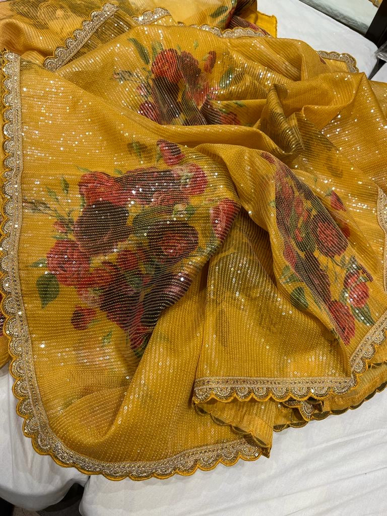 Digitally printed organza floral sarees - Saffronfashionindia