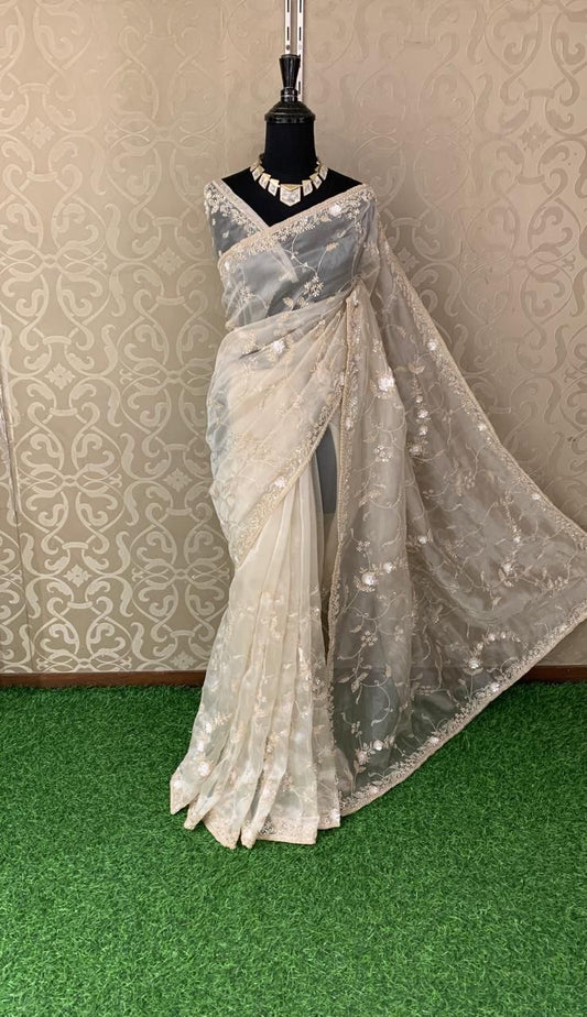 Reception saree party wear handwork sareee handmade sari blouse - Saffronfashionindia