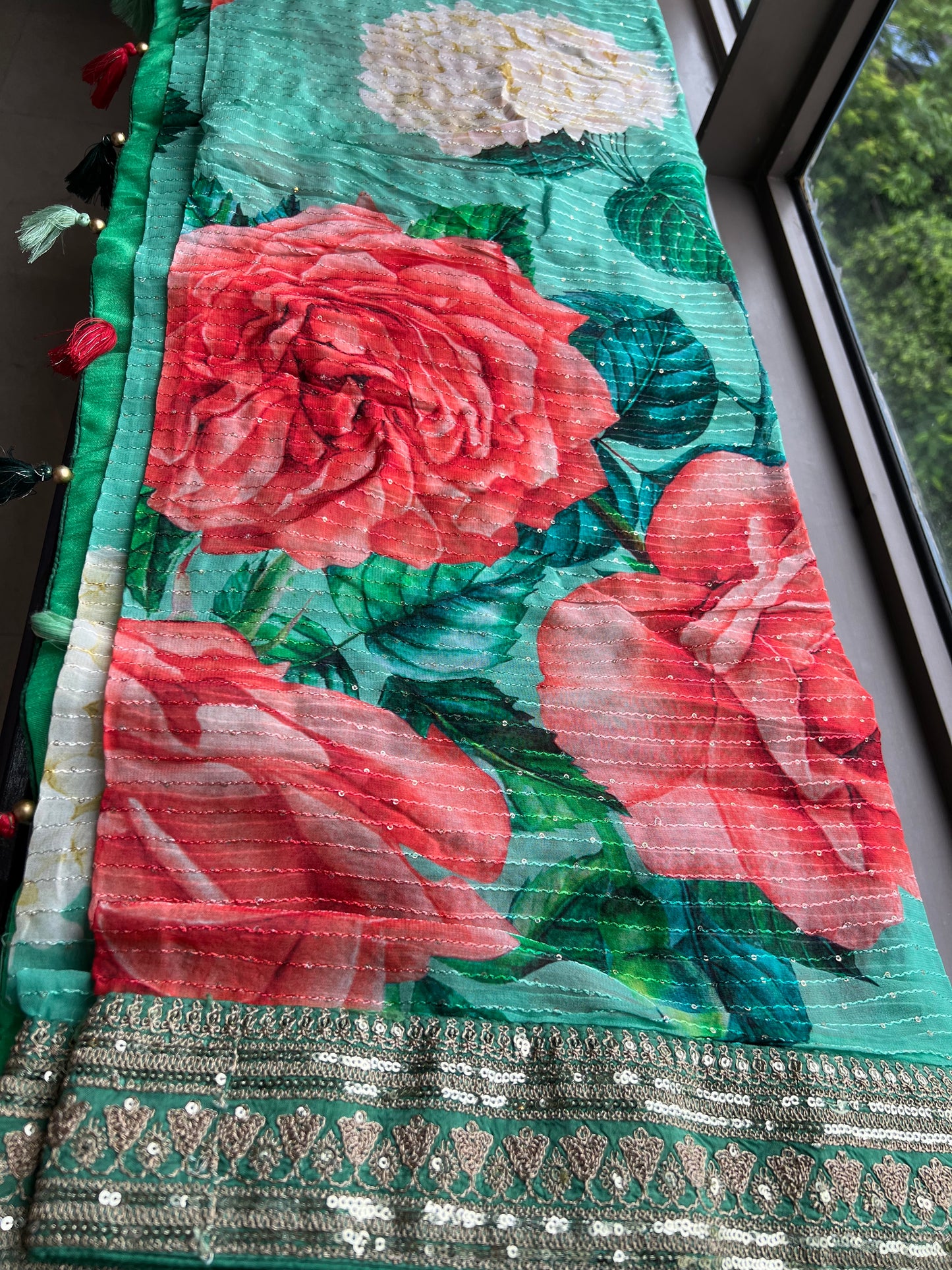 Floral elegant Gorgette saree green saree - Saffronfashionindia