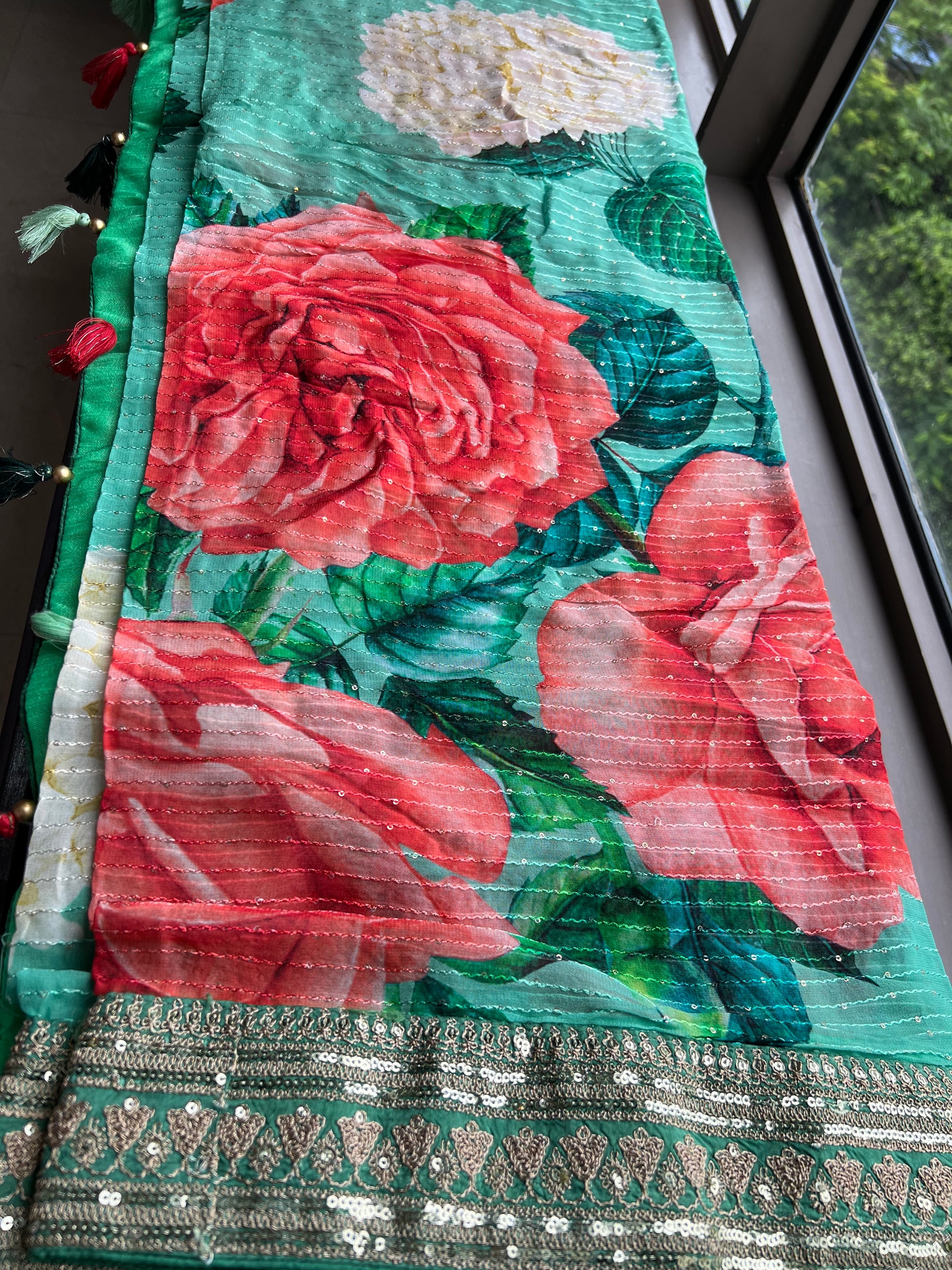 Floral elegant Gorgette saree green saree - Saffronfashionindia