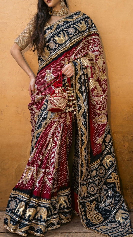 Rajjo Bandhani saree gajji silk saree traditional sari blouse - Saffronfashionindia