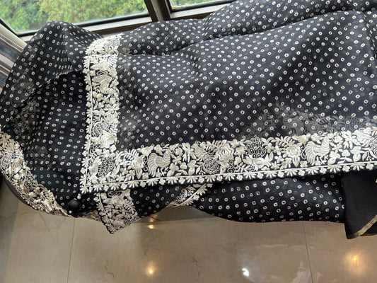 Black Organza Saree parsi inspired border saree blouse - Saffronfashionindia