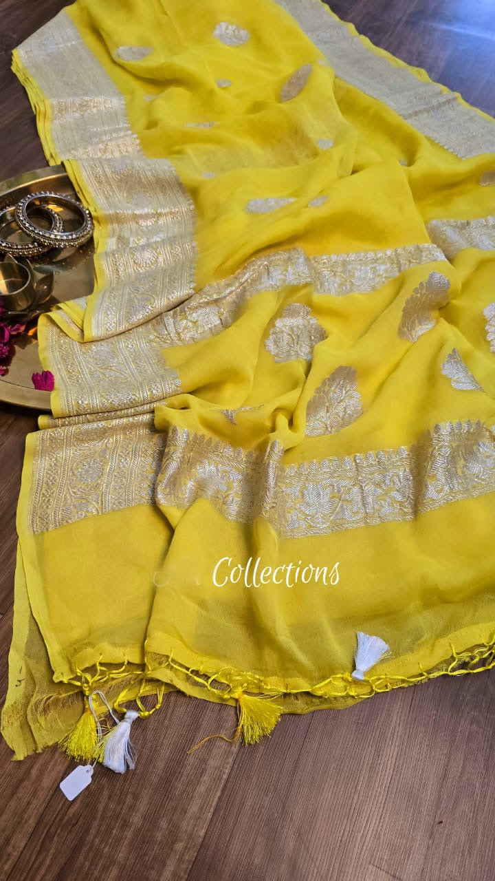 Yellow khaddi chiffon saree Indian saree Beautiful sarees blouse - Saffronfashionindia