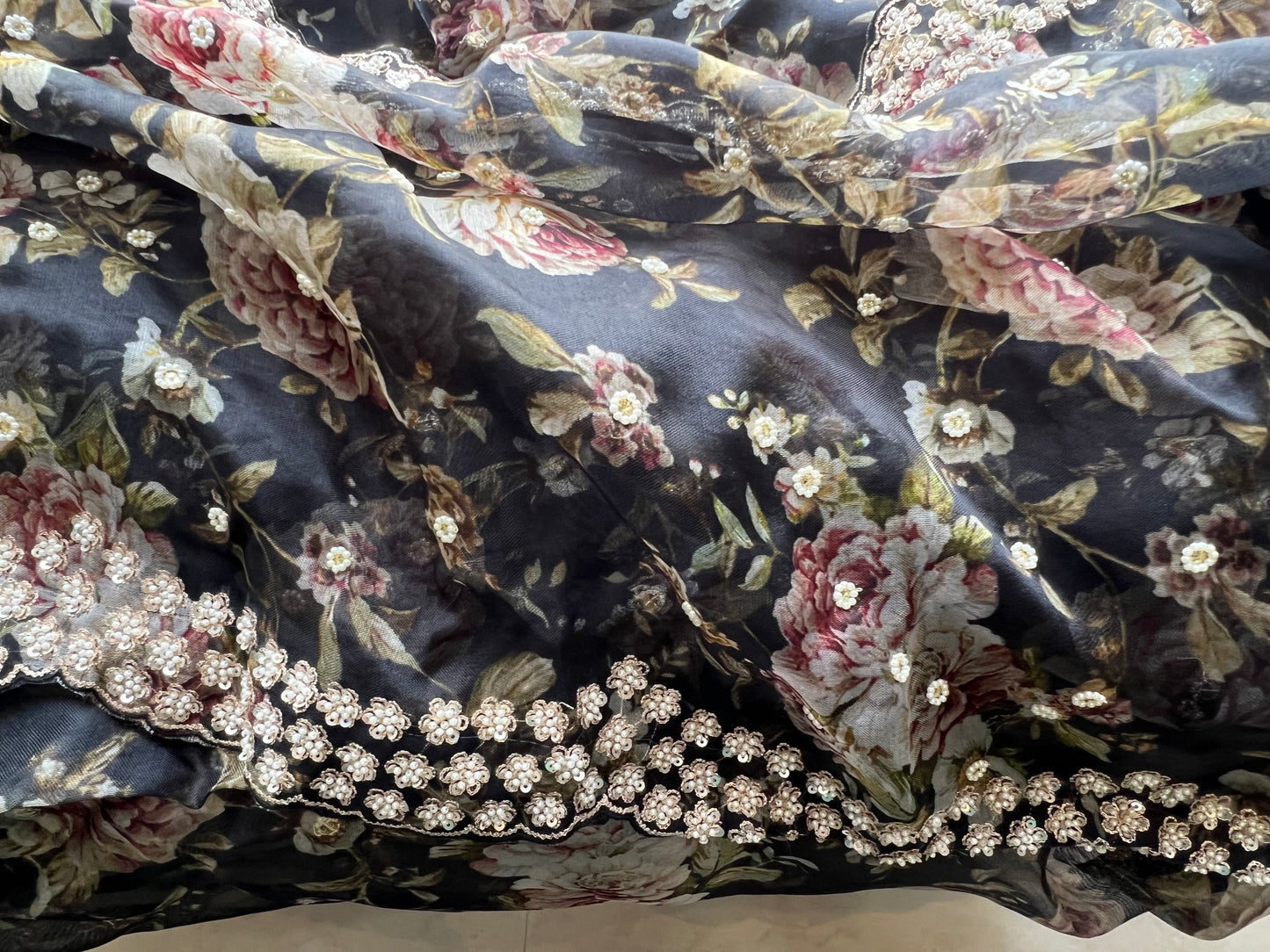 Black floral saree Organza saree Indian sari blouse - Saffronfashionindia