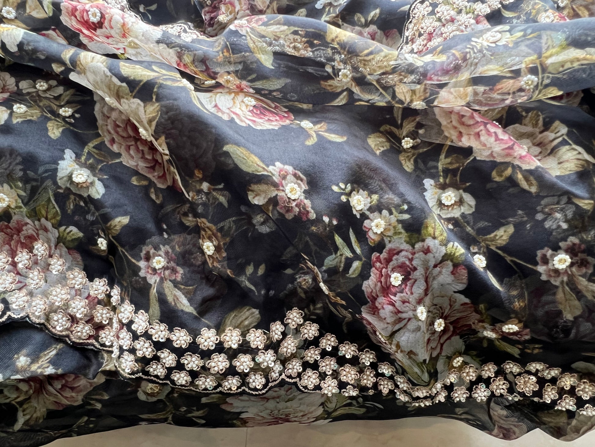 Black floral saree Organza saree Indian sari blouse - Saffronfashionindia