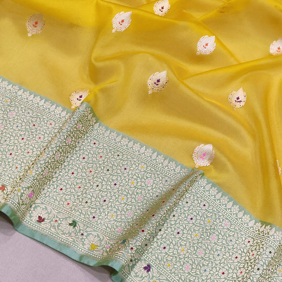 Yellow kora kadwa Zari striped saree handwoven saree blouse