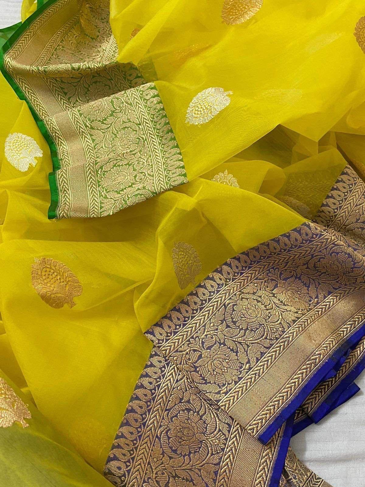 Leena yellow banarsi sarees kora saree - Saffronfashionindia