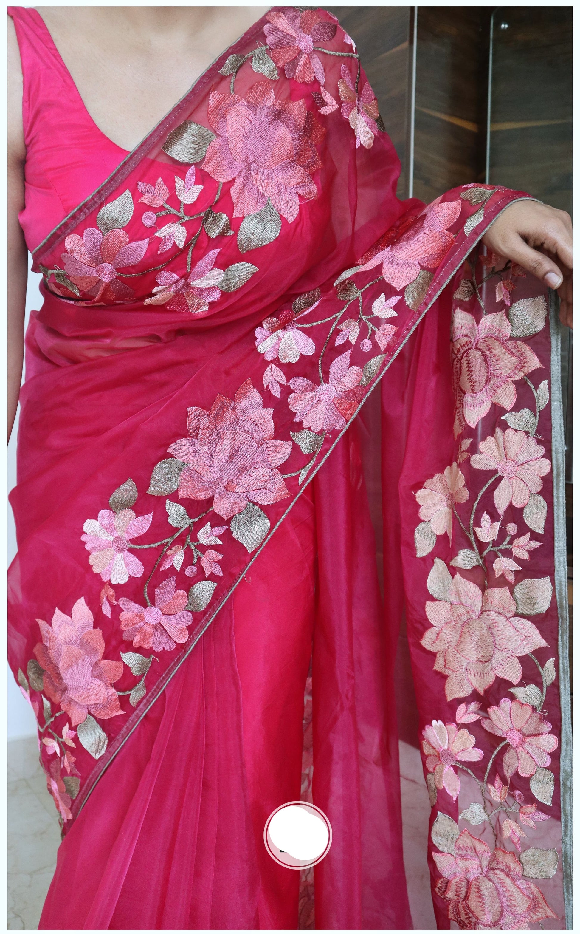 Parsi inspired floral bordered organza saree Indian Partywear sarees - Saffronfashionindia