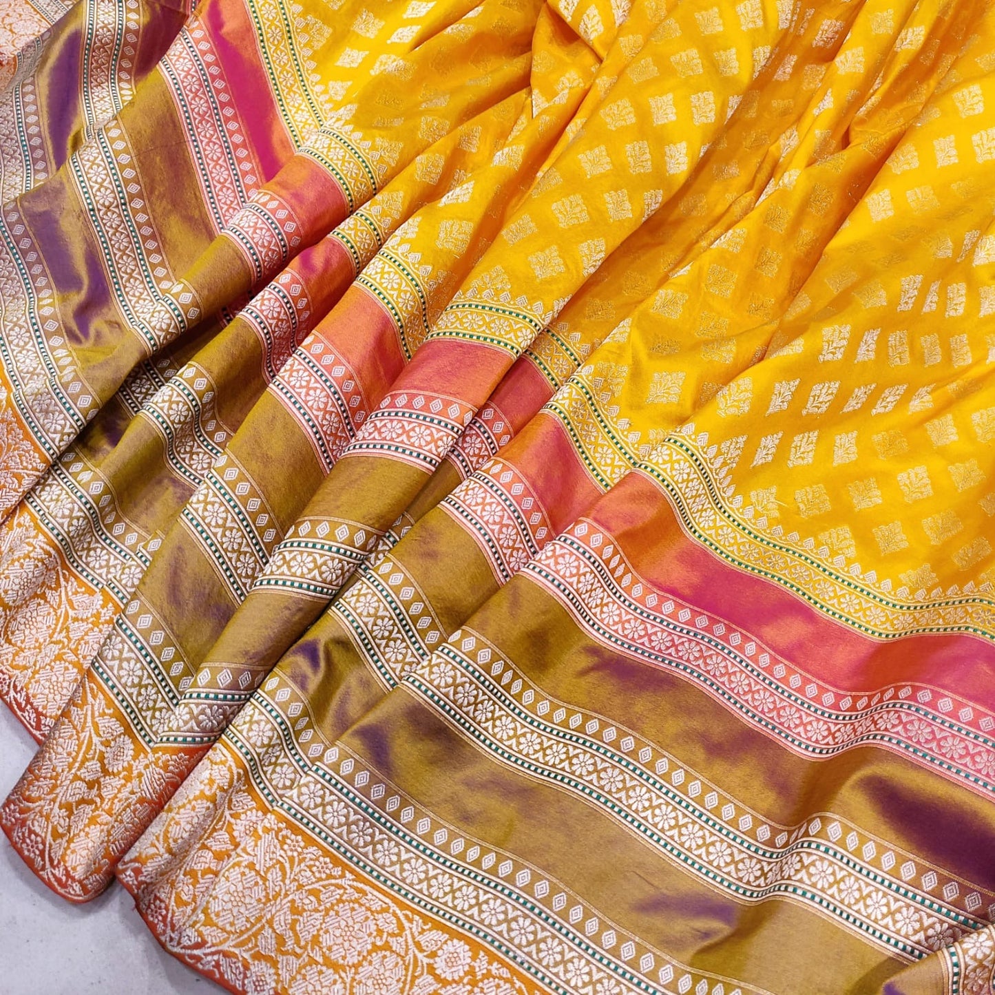Yellow katan handwoven shaded milti striped sarees - Saffronfashionindia
