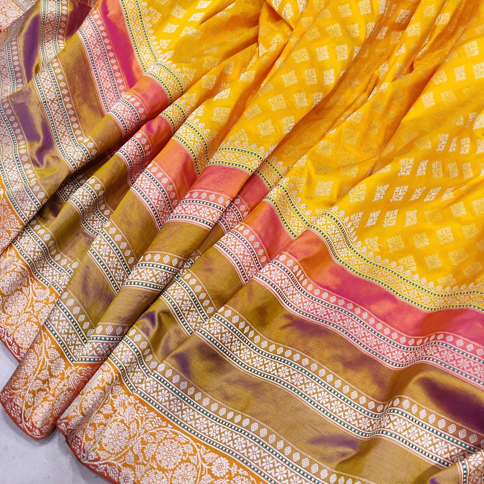 Yellow katan handwoven shaded milti striped sarees - Saffronfashionindia