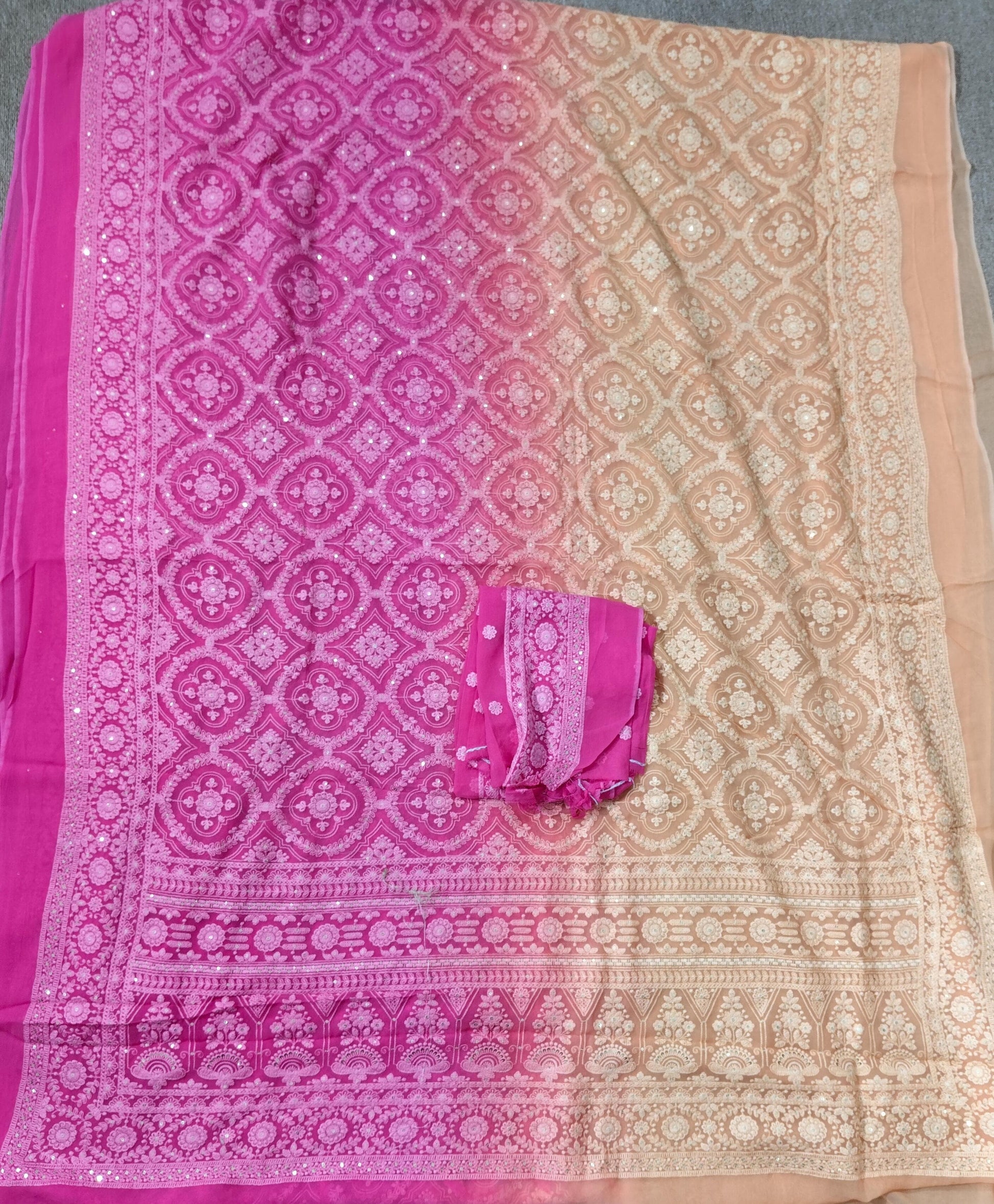 Dual shaded Chikankari saree Georgette saree women sari blouse - Saffronfashionindia