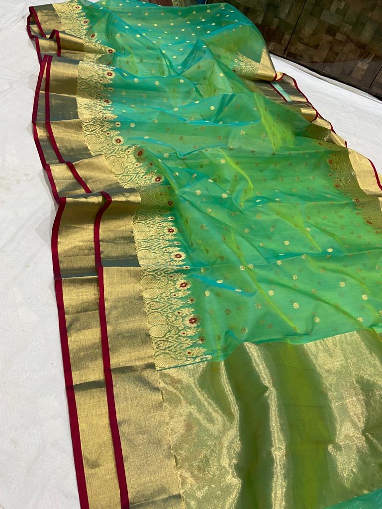 Green Chanderi katan silk sarees - Saffronfashionindia