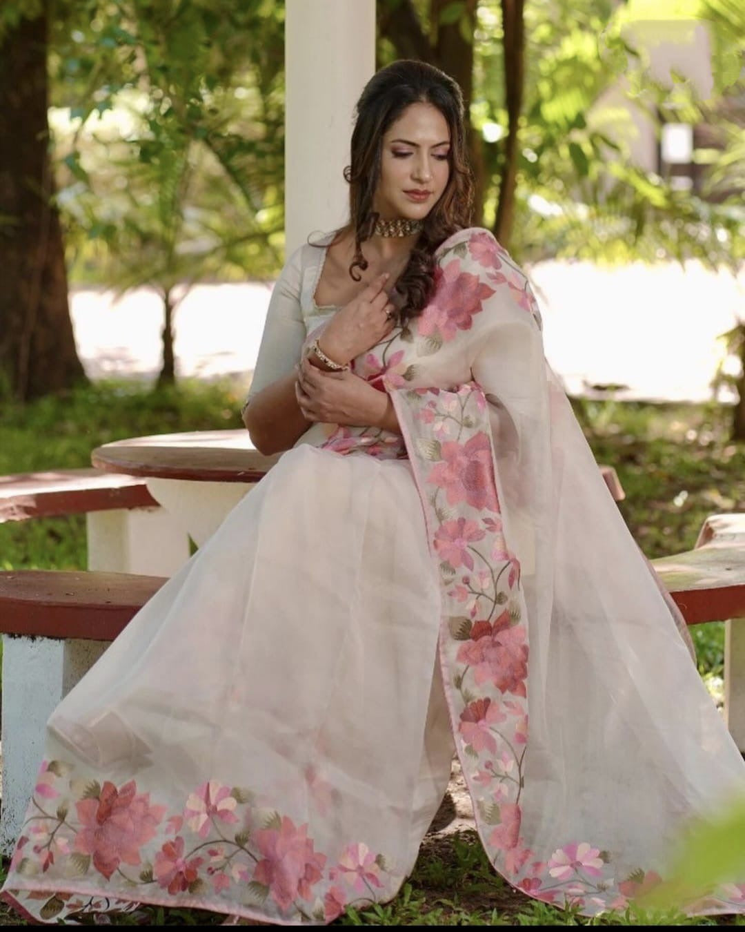 Parsi inspired floral bordered organza saree Indian Partywear sarees - Saffronfashionindia