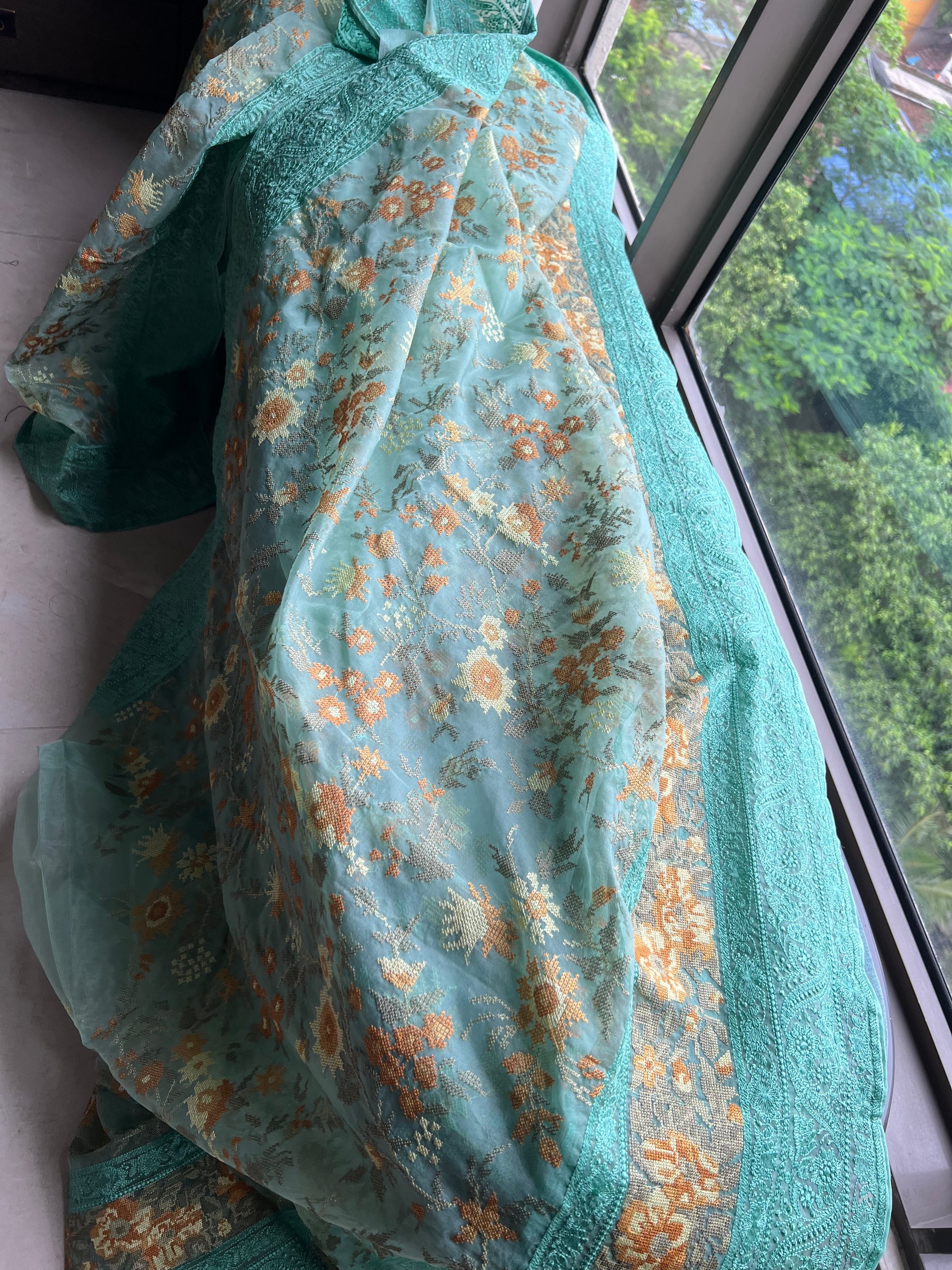 Cross stich inspired organza saree exclusive sarees women saree blouse - Saffronfashionindia