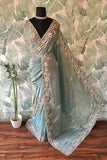 Sea green Banarsi saree tissue Zari saree Indian sari blouse SaffronFashion