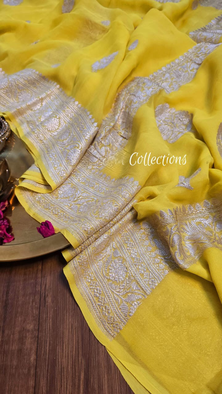 Yellow khaddi chiffon saree Indian saree Beautiful sarees blouse - Saffronfashionindia