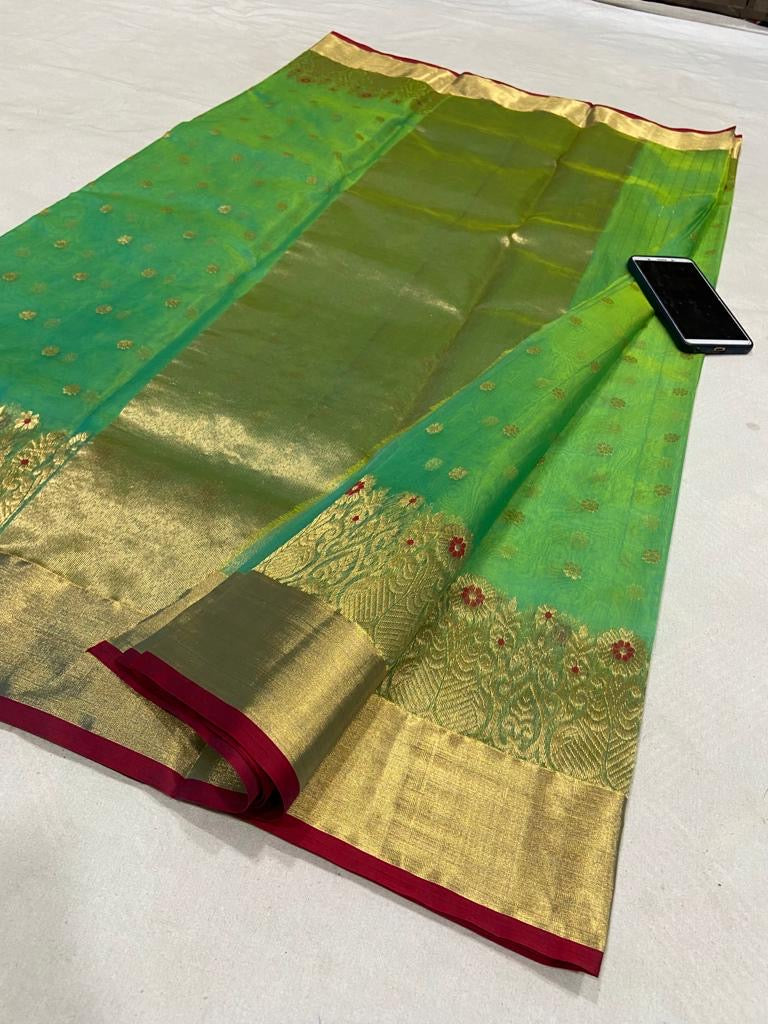 Green Chanderi katan silk sarees - Saffronfashionindia