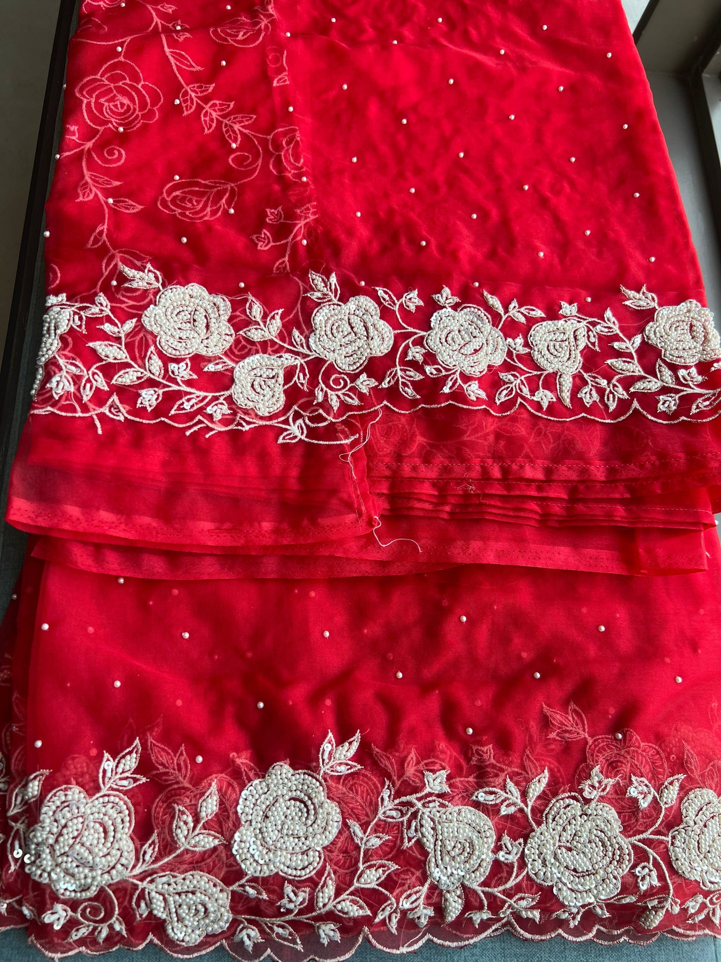 Red pearl bridal saree organza saree reception saree blouse SaffronFashion